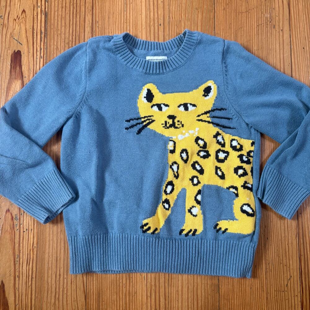 Amazon Essentials blue yellow jaguar graphic‎ knit toddler crew sweater SIZE 4-5